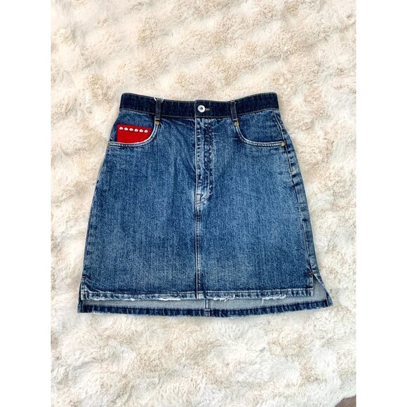 Miu Miu Distressed Denim Mini Skirt With Red & Blue Studded Pocket Accents - Picture 1 of 9
